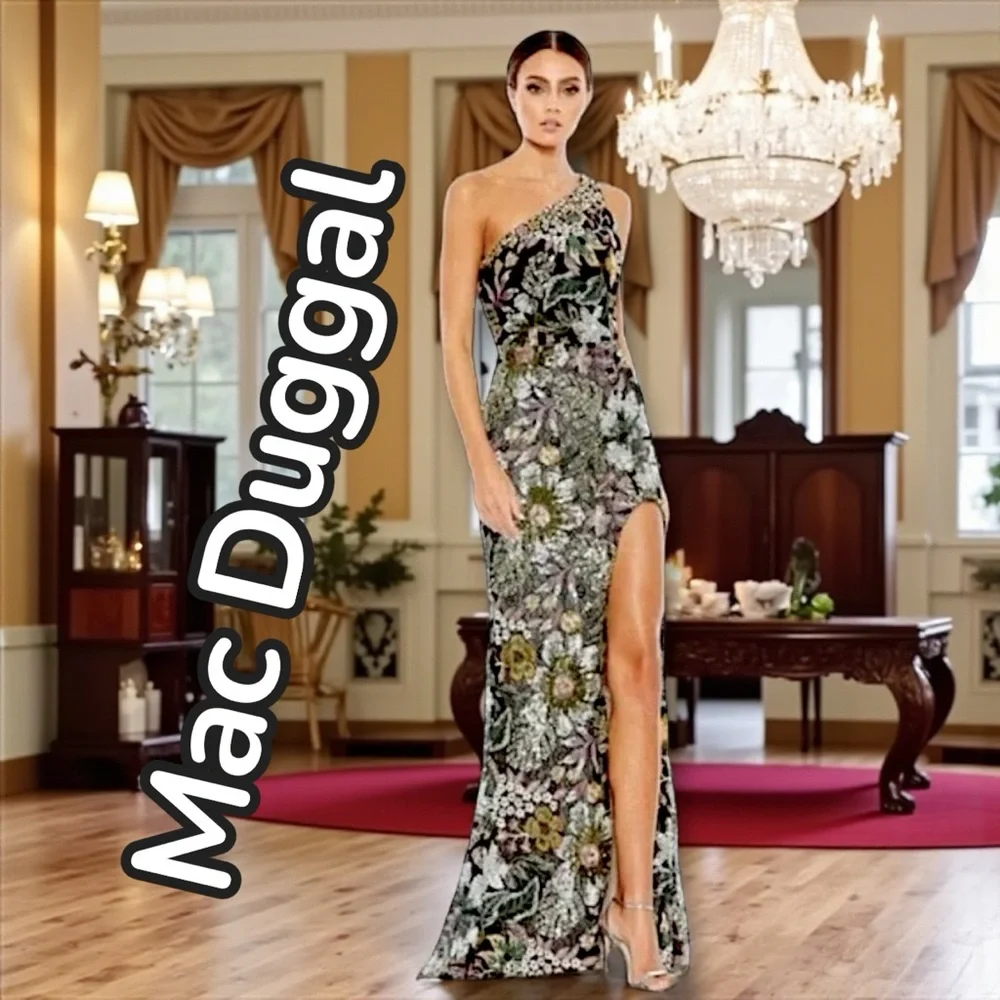Mac Duggal Black, Silver and Pink Floral Sequin, Backless Cutout Dress - Picture 8 of 8